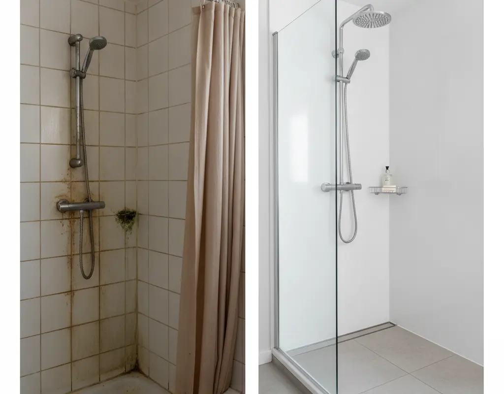 Before and after of a shower upgraded with waterproof wall panels