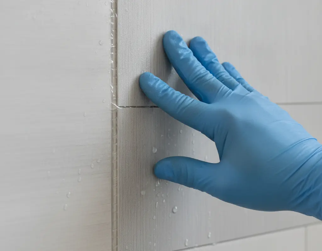 Applying a waterproof shower wall panel with overlapping joints