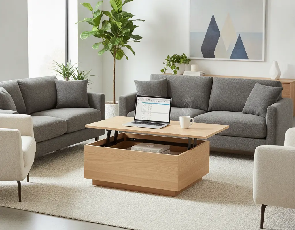 Lift-top coffee table serving as a workstation in a modern small apartment living room, demonstrating multi functional furniture for small spaces.