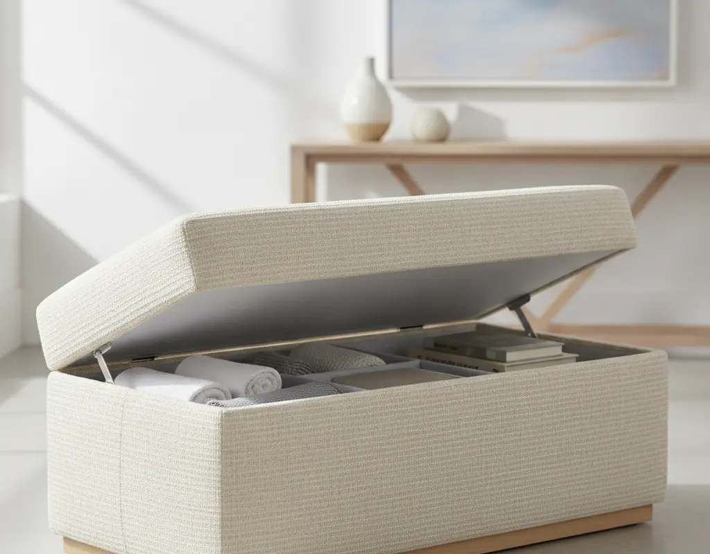 Upholstered storage ottoman offering dual functionality as seating and hidden storage, ideal for multi functional furniture in small spaces.