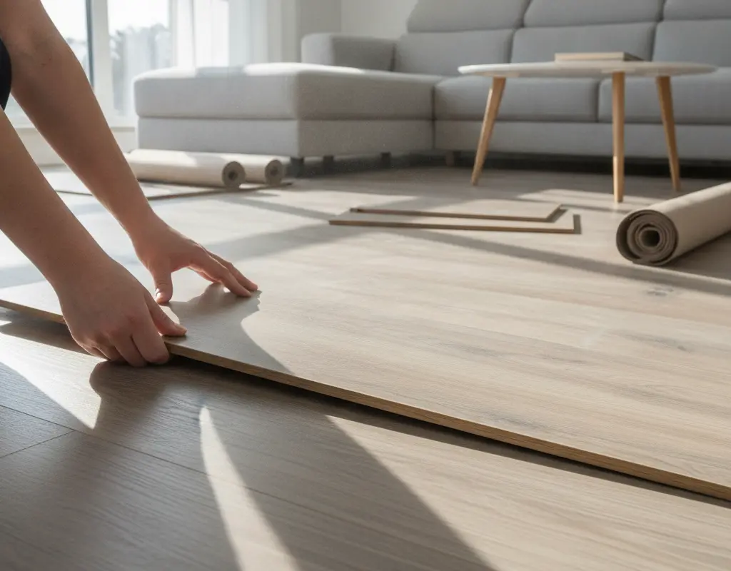 Close-up of temporary vinyl planks clicking together during installation in a modern living room