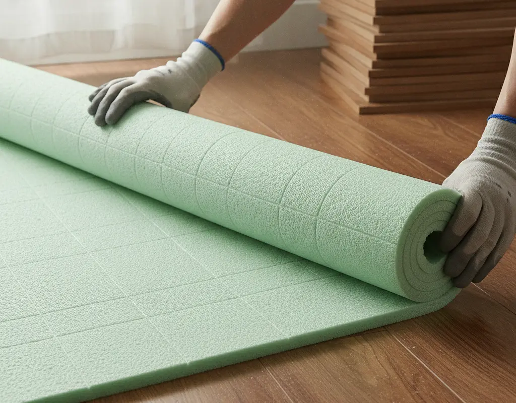 Foam underlayment laid out to protect original rental floors beneath temporary vinyl flooring