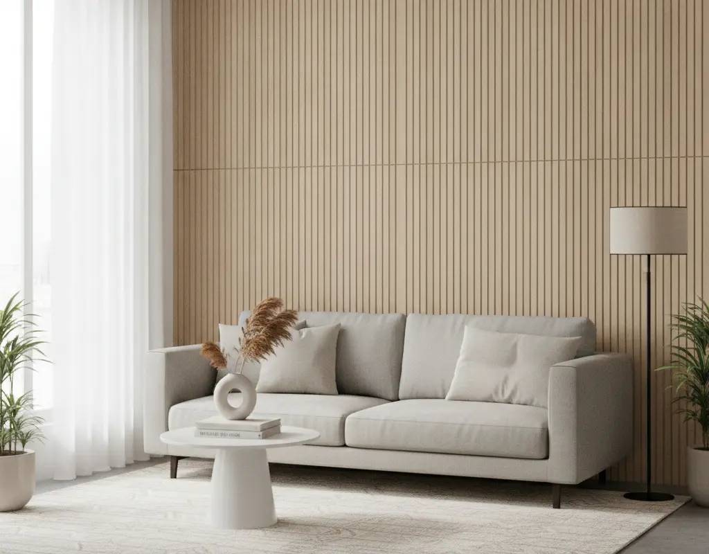 Modern living room with a light wood renter friendly slat wall accent behind a sofa.