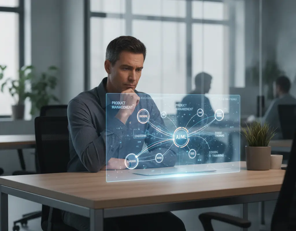 Mid-career professional contemplating a holographic display of future skills and career paths