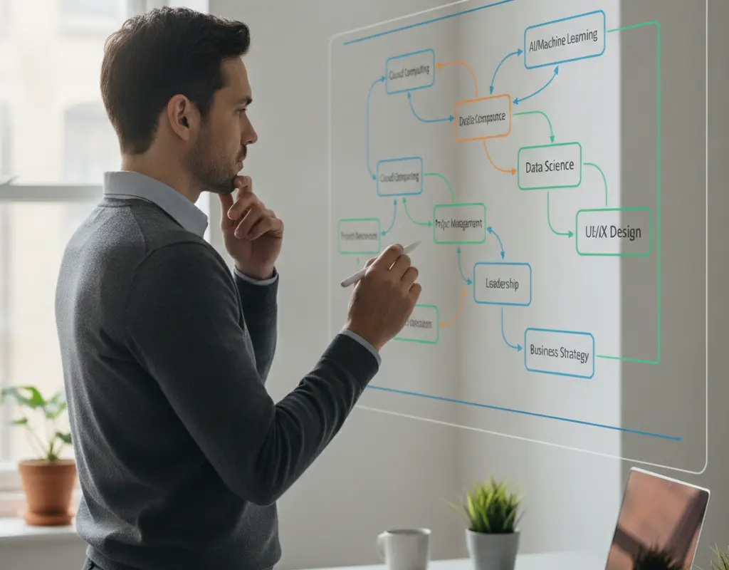 Professional contemplating various skills to learn for career advancement