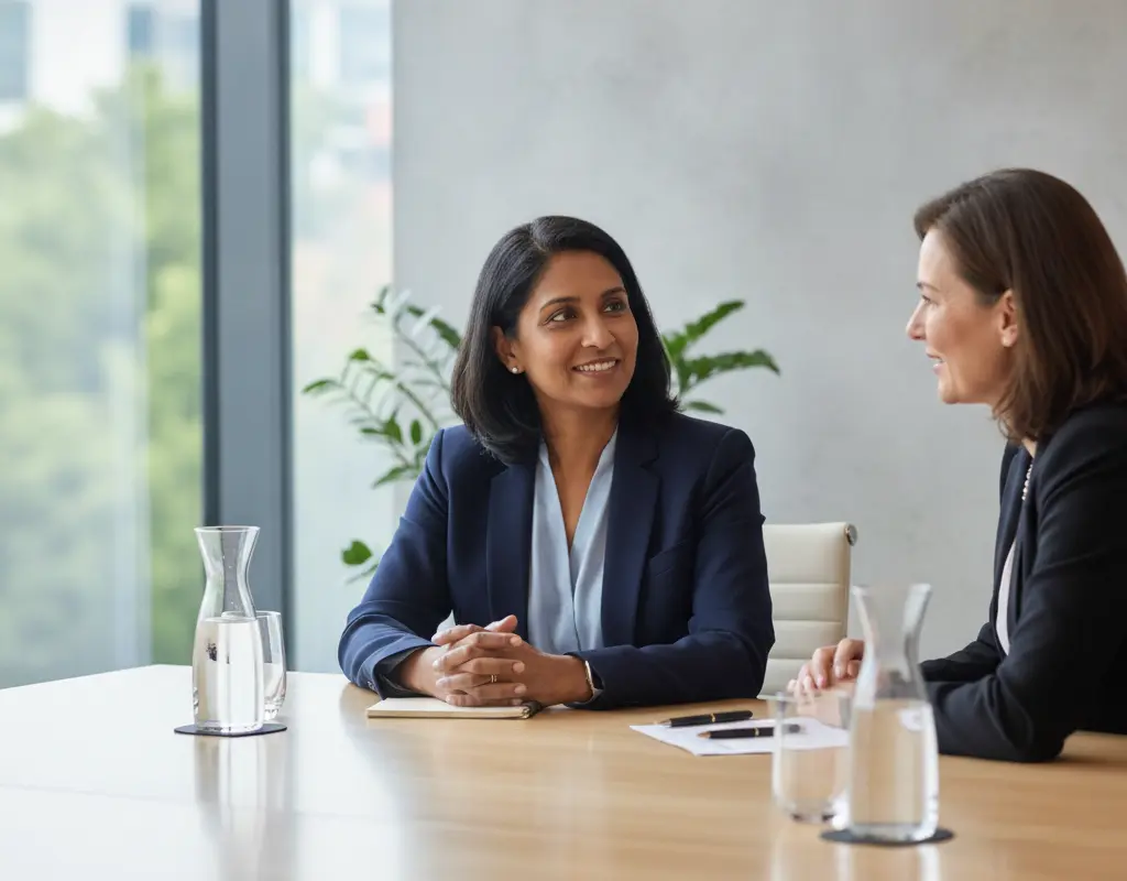 An experienced employee confidently discussing terms during a salary negotiation.