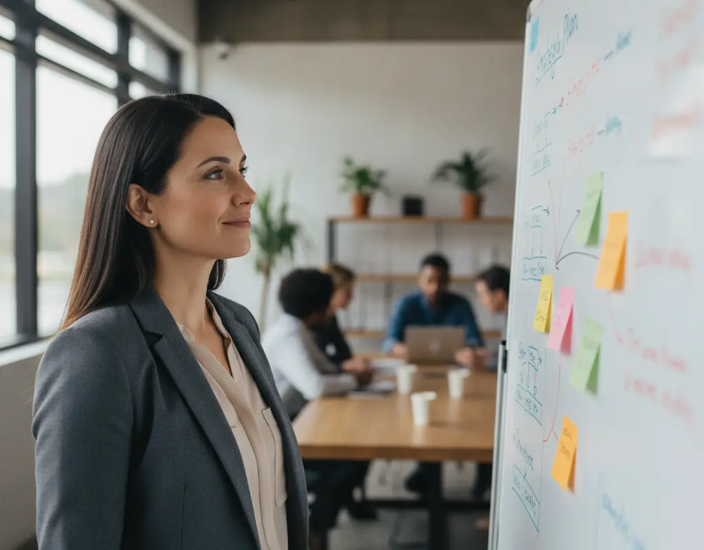 Mid-career professional realizing they are ready for promotion by looking at their achievements on a whiteboard.