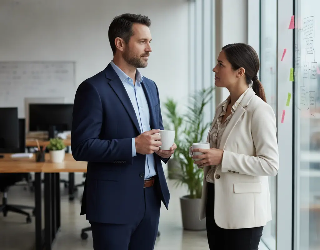 Two professionals discussing in an office, one showing strong executive presence.