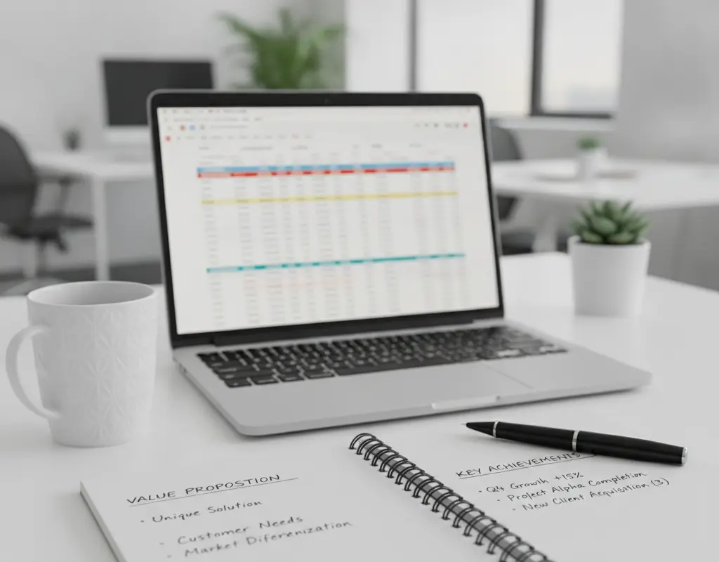 Preparation materials for salary negotiation, showing a laptop and notes.