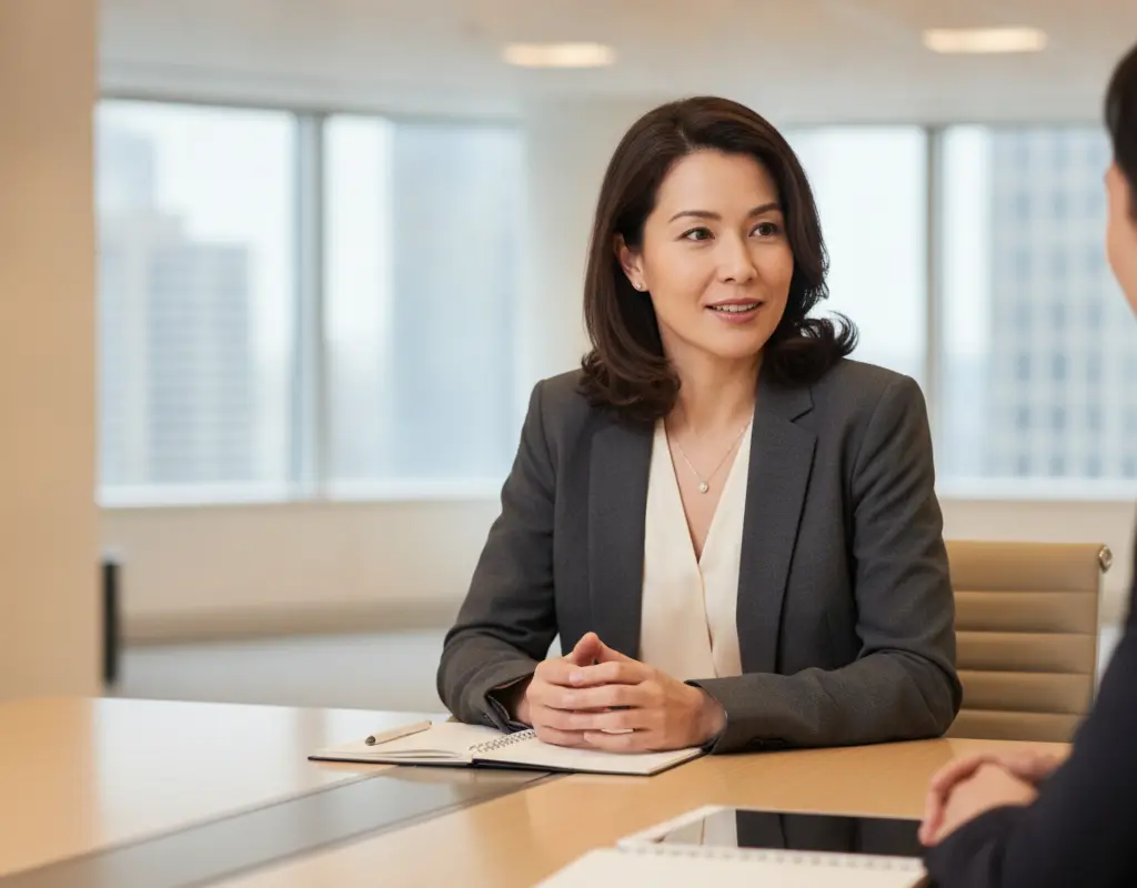 Woman demonstrating confident body language and active listening in a professional meeting.