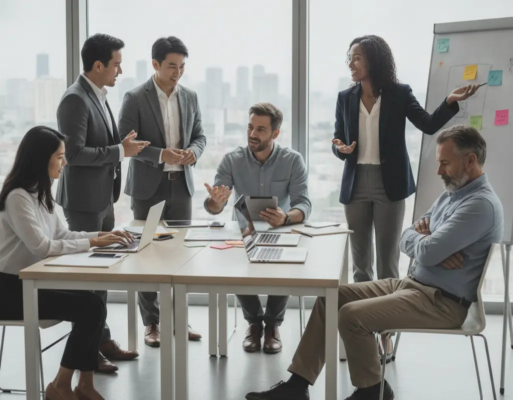 Contrasting body language in a professional setting, showing open versus closed postures and fidgeting.
