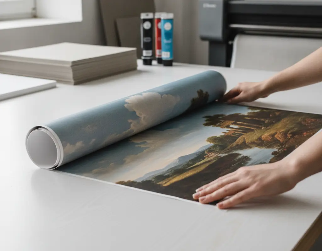 Person preparing a large digital art print for framing on heavy matte cardstock