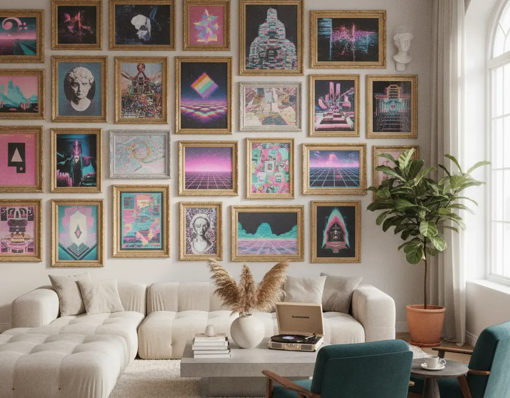 A chic gallery wall featuring various sized vintage digital art prints in an apartment living room