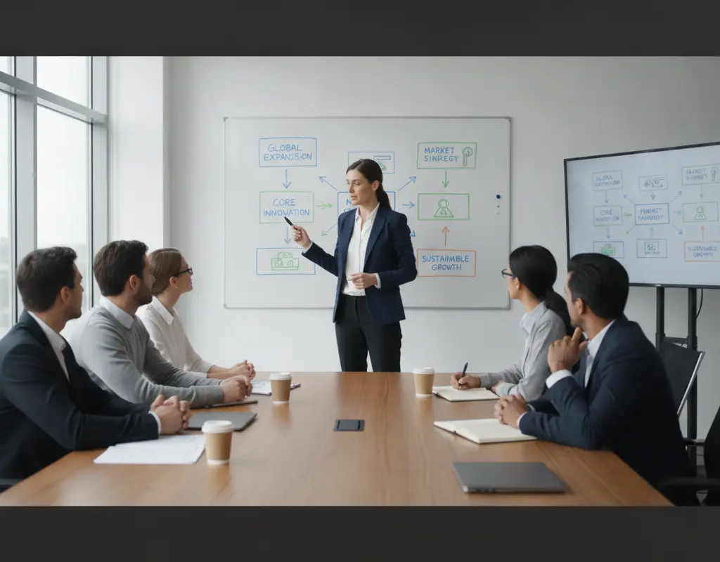 Executive simplifying complex strategy on a whiteboard, illustrating clarity and strategic framing.