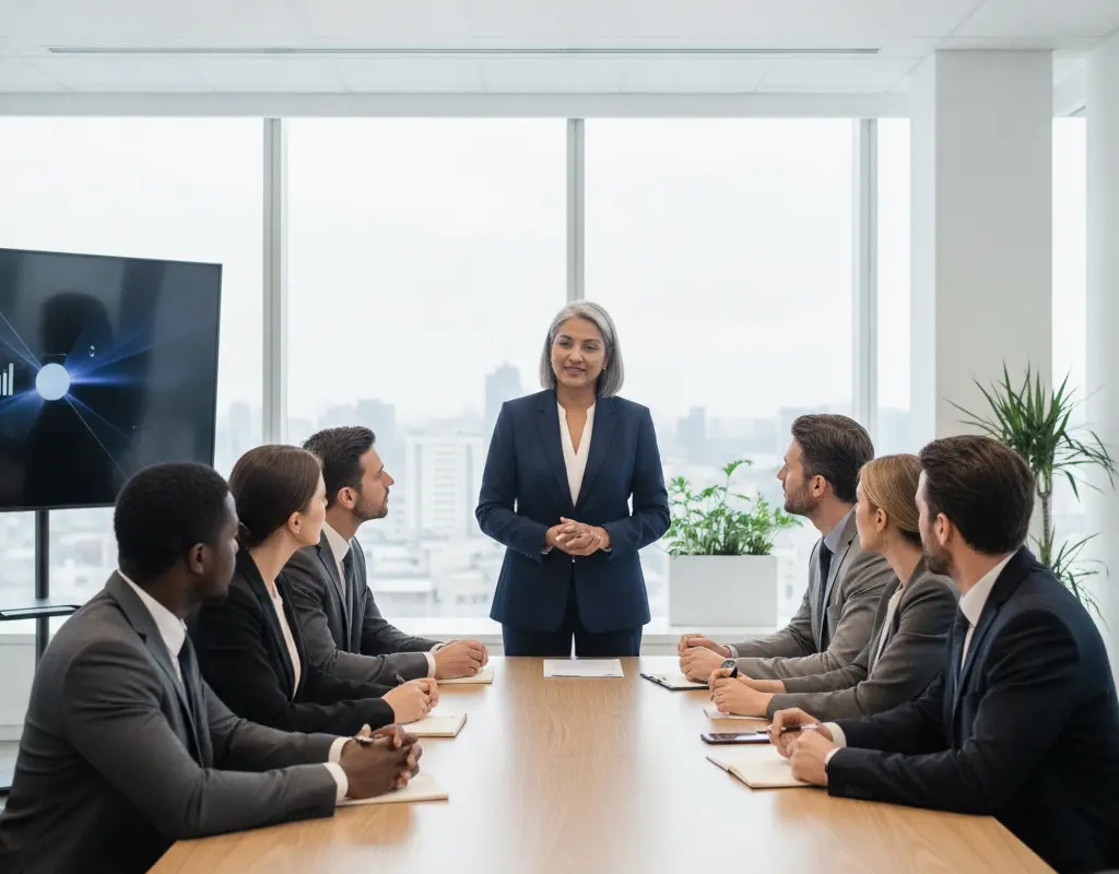 Senior leader speaking confidently in a meeting, demonstrating effective communication style.