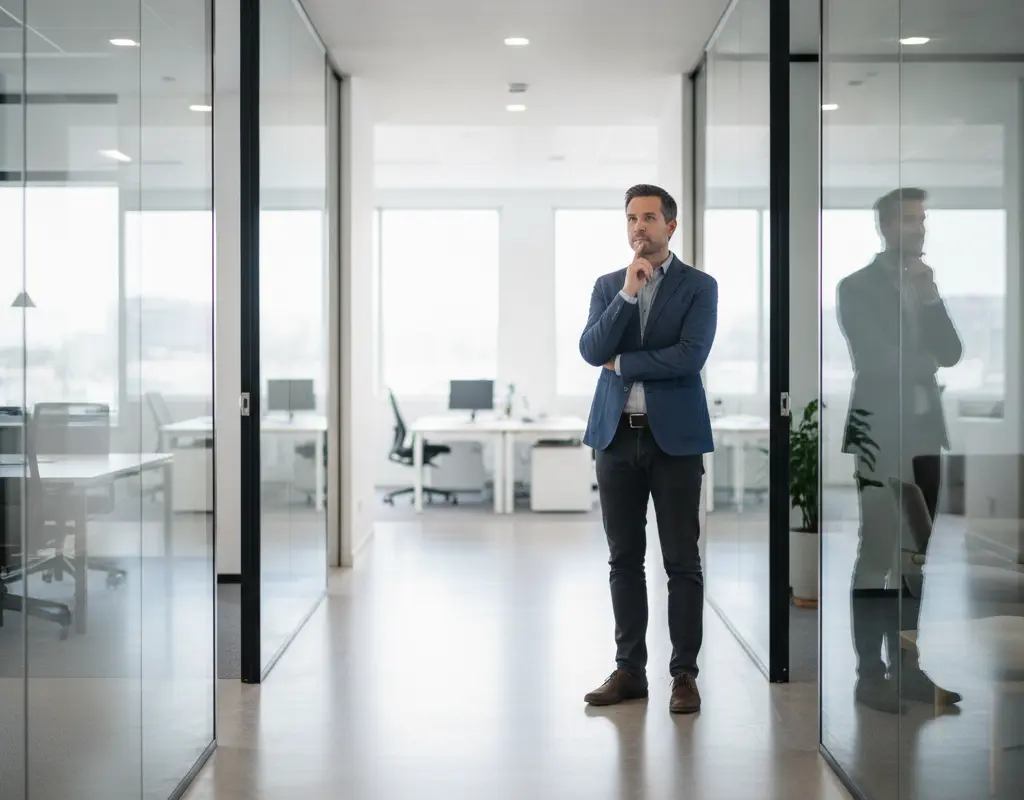 Professional standing at a career crossroads, contemplating promotion paths.