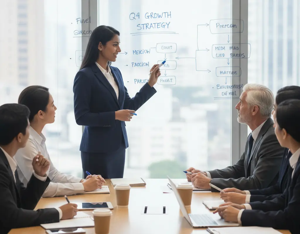 Team collaboration with a high performer making strategic eye contact with a leader.