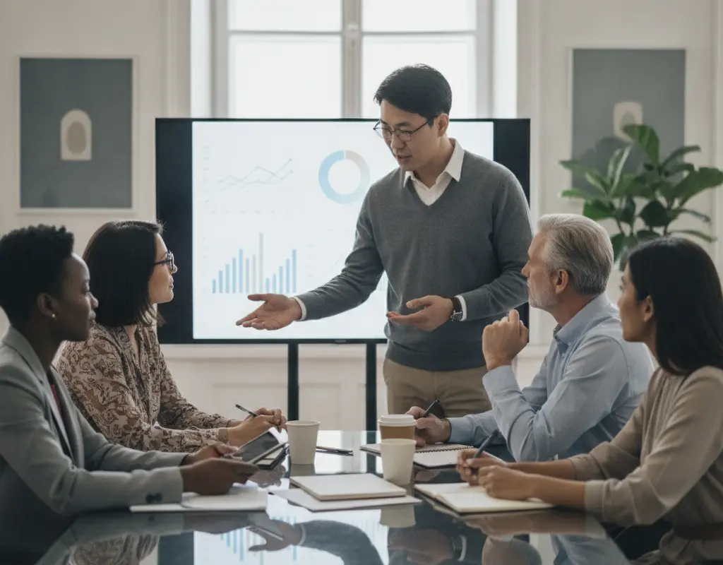 Professionals collaborating in a meeting, one confidently presenting, showing leadership.