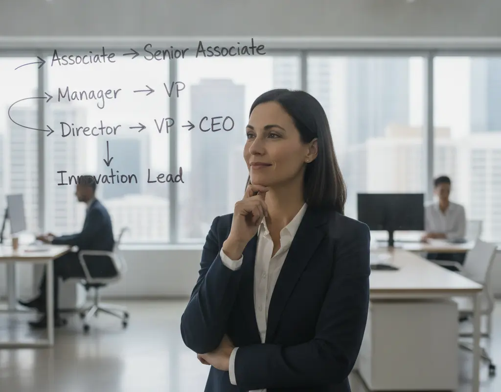 Mid-career professional mapping out career progression on a whiteboard, looking determined.