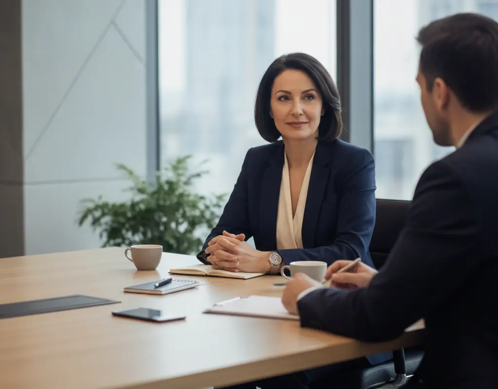 Mid-career professional confidently engaging in a promotion conversation with a manager.