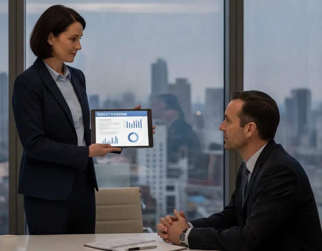 Mid-career professional presenting a detailed promotion case to their manager