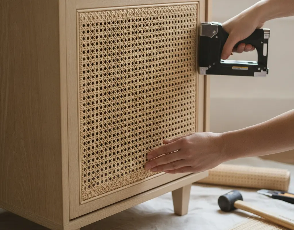 Step-by-step process of installing cane webbing into a furniture panel
