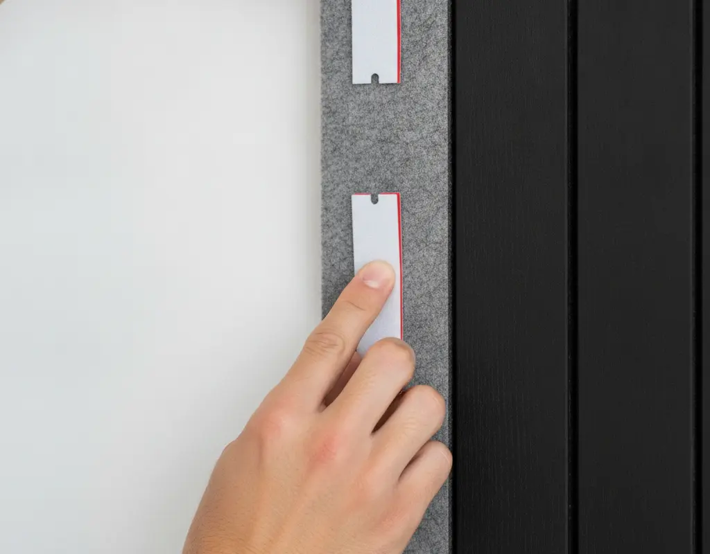 Detail of an acoustic felt wood slat panel with removable mounting strips for installation.