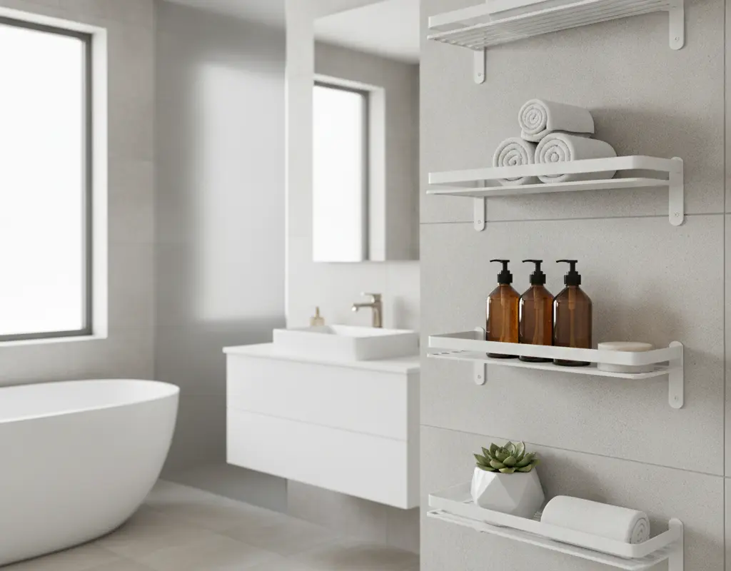 Elegant no drill bathroom shelves holding spa-like toiletries and rolled towels.