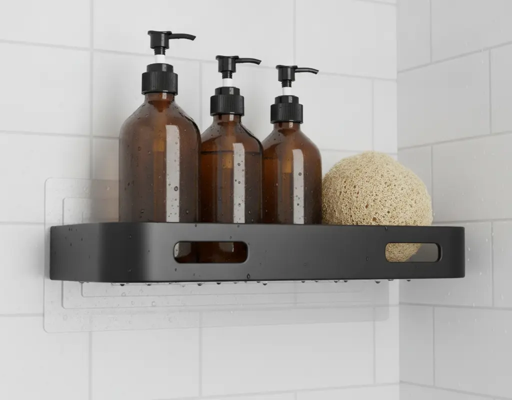 Detail of a matte black no drill bathroom shelf holding heavy bottles.