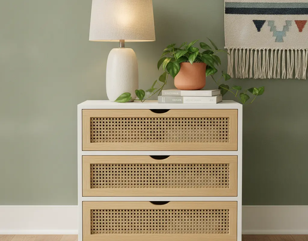 Finished nightstand with DIY cane webbing detail, reflecting a boho-modern style