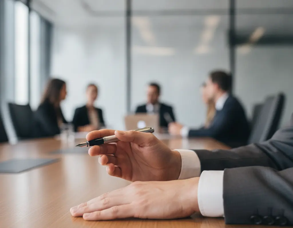 Hands of a calm leader demonstrating confident body language in a meeting.