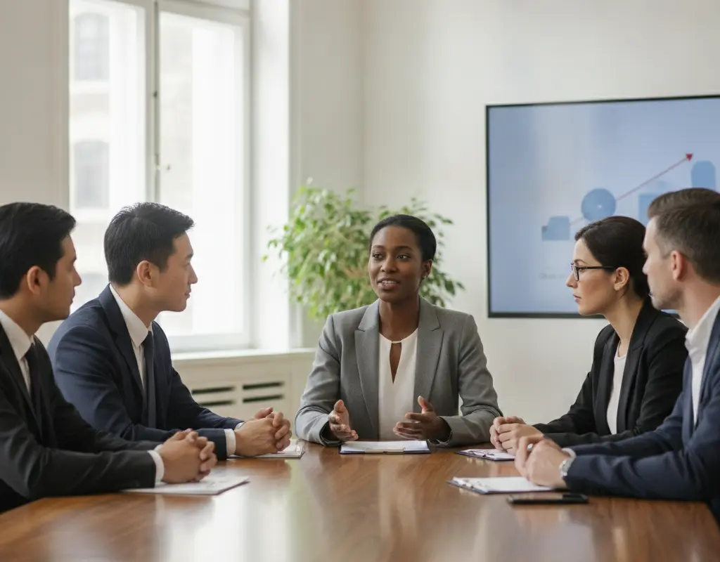 Mid-career professional commanding attention in a meeting with quiet confidence.