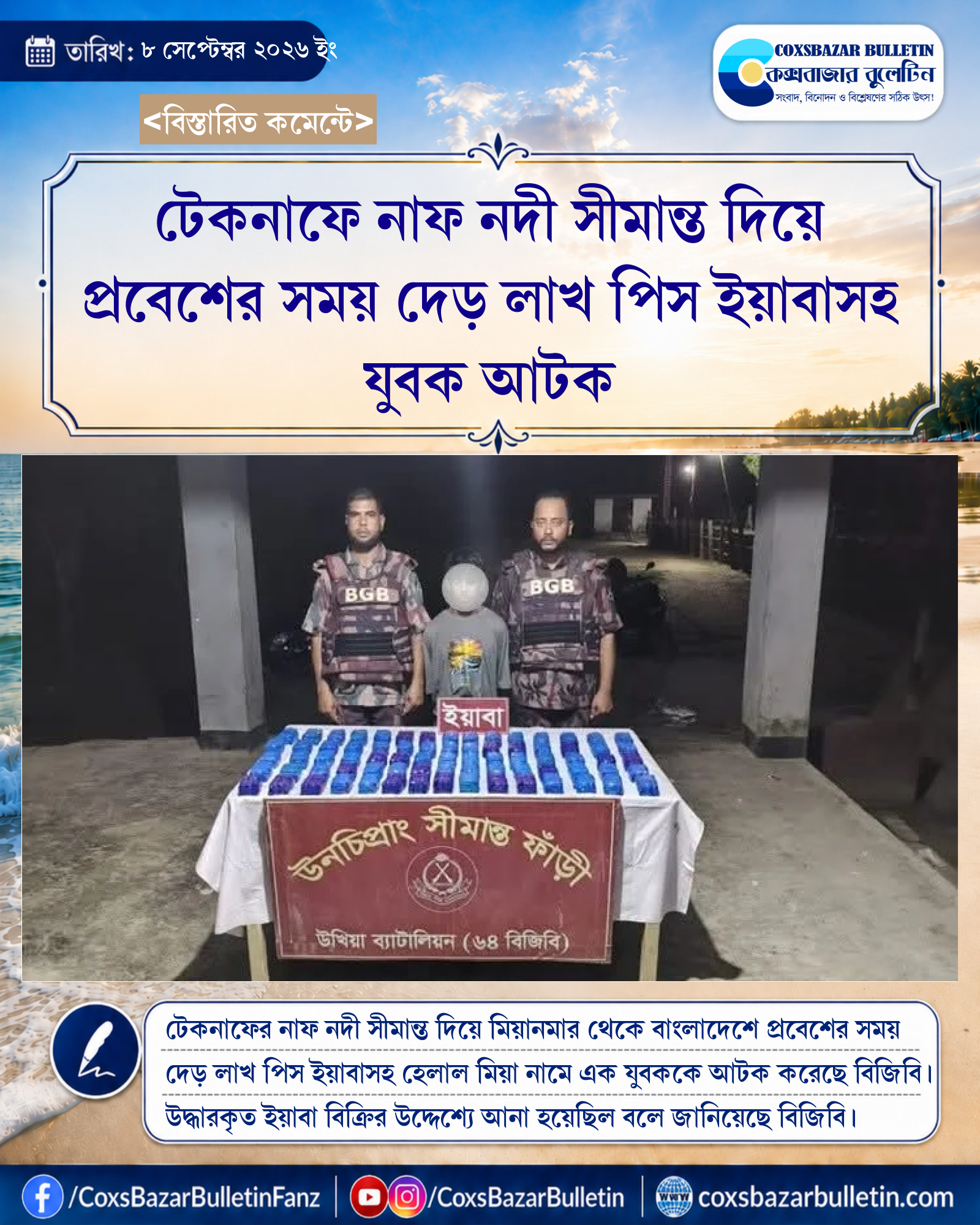 টেকনাফে নাফ নদী সীমান্ত দিয়ে প্রবেশের সময় দেড় লাখ পিস ইয়াবাসহ যুবক আটক