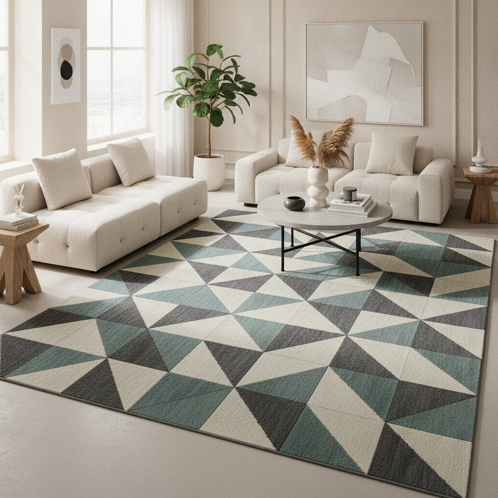 Modern living room featuring a custom geometric rug made from peel and stick carpet tiles.