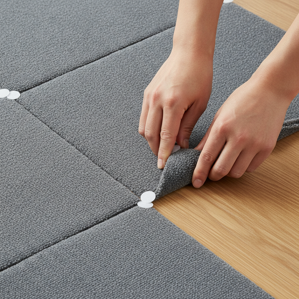 Hands demonstrating the installation of peel and stick carpet tiles using corner dot tabs.