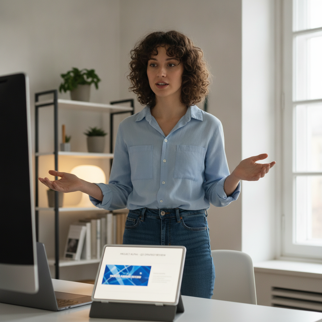 Person rehearsing a presentation, practicing confident body language and gestures in a home office.