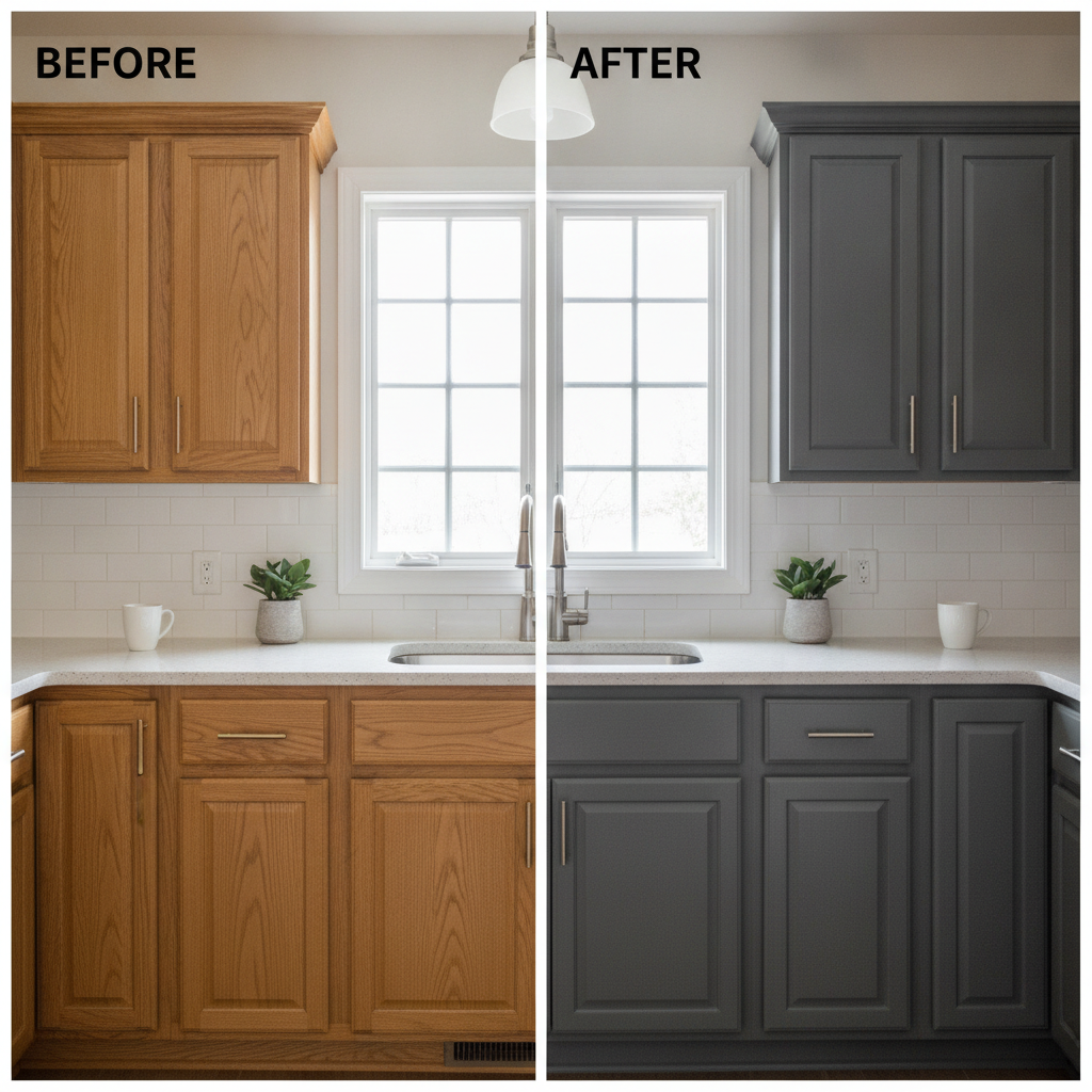 Before and after of rental kitchen cabinets transformed with peel and stick wrap