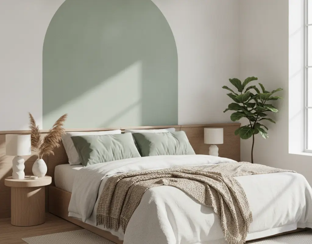 Sage green arch wall decal creating a sophisticated headboard in a modern bedroom.