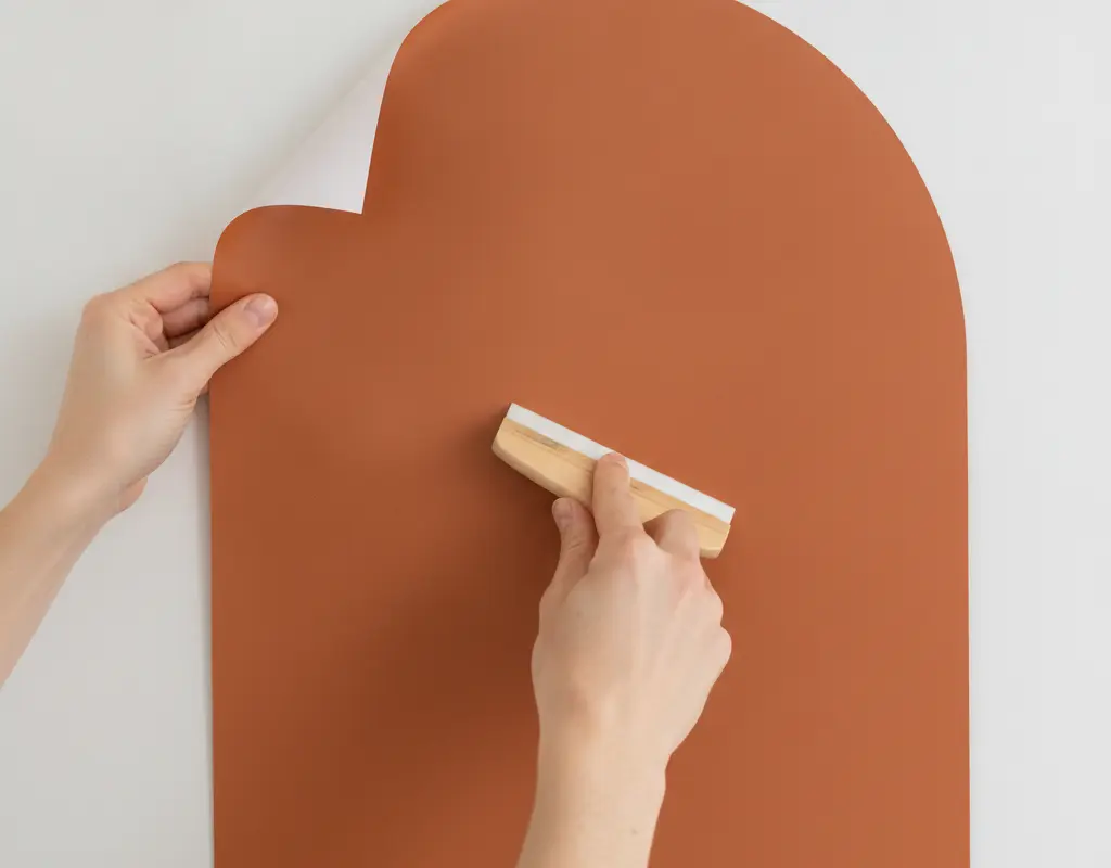 Hands applying a terracotta arch wall decal with a squeegee to prevent air bubbles.