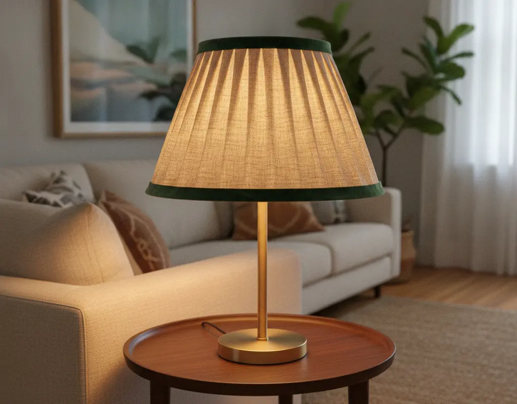 Finished DIY pleated lampshade on a table, showcasing elegant folds and a velvet trim.