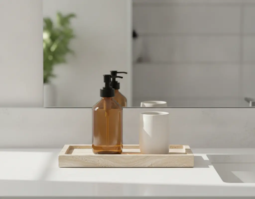 Elegant bathroom counter with organized toiletries on a travertine tray.