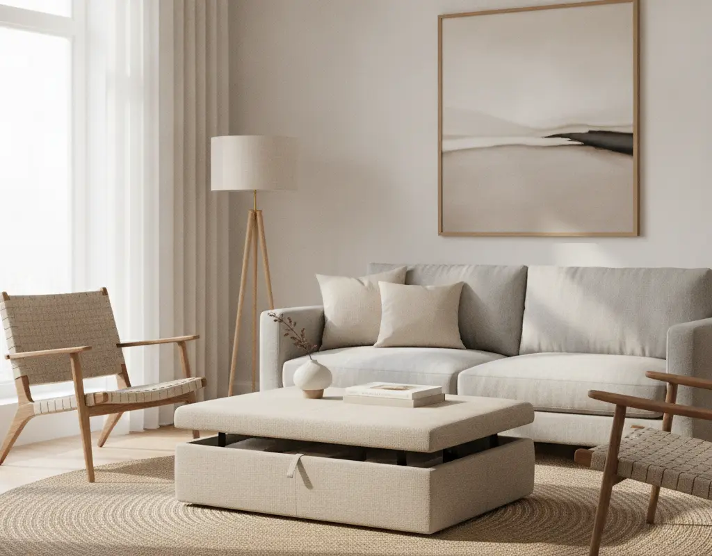 A stylish storage ottoman in a small apartment living room, hiding clutter.