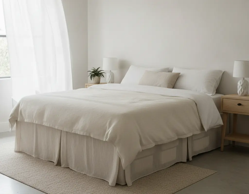 Tailored bed skirt effectively hiding under-bed storage in a small bedroom.