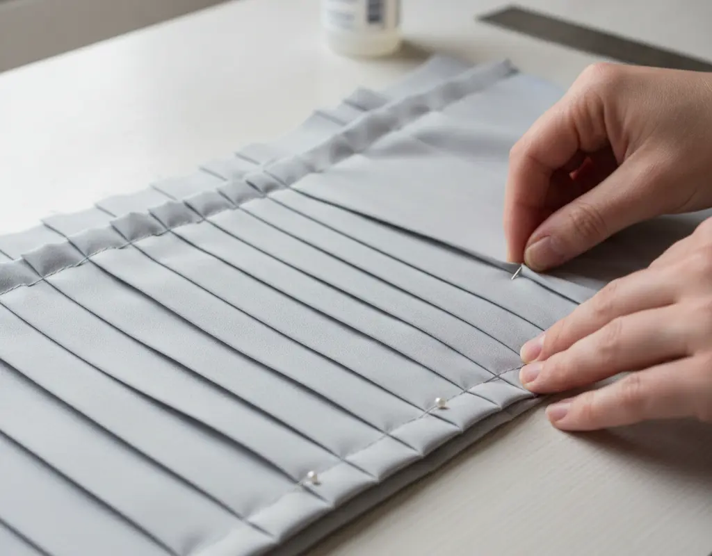 Close-up of hands carefully folding fabric for a DIY pleated lampshade, showing precision.