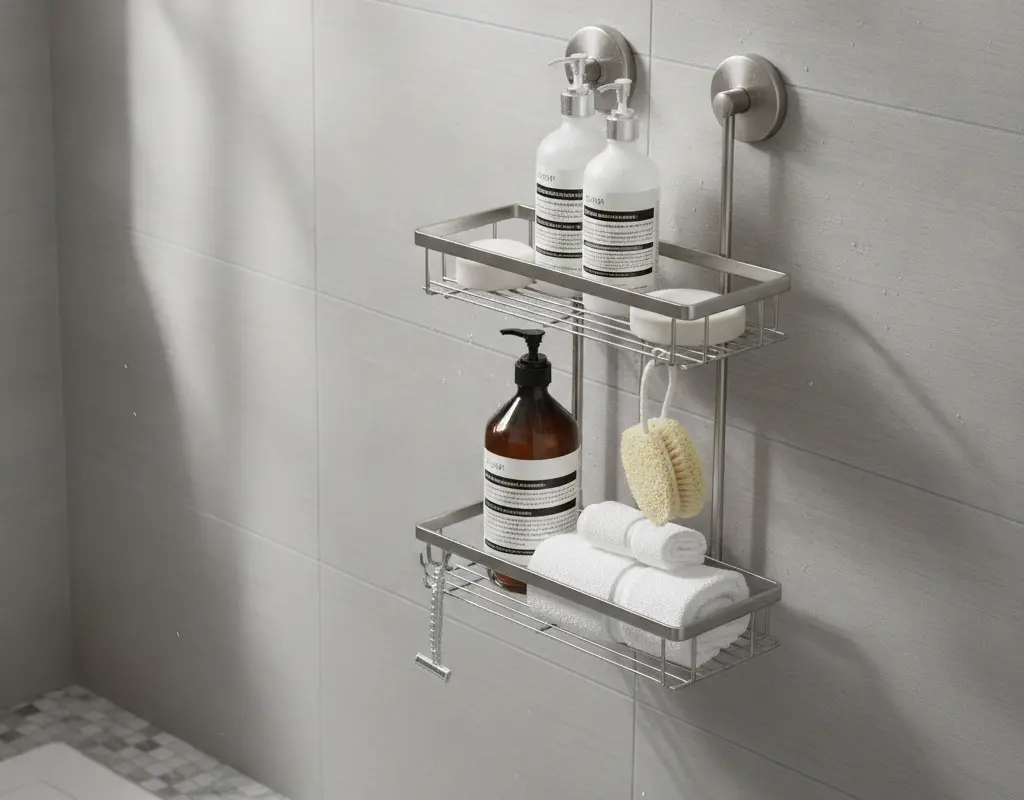 Elegant shower interior featuring a sleek, rust-proof luxury shower caddy no drill securely mounted, holding high-end bath products.