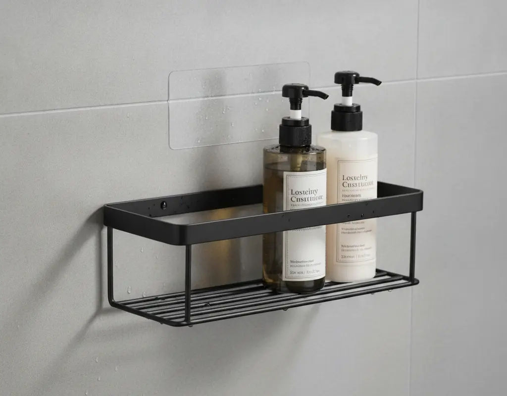 Close-up of a high-load suction cup or adhesive strip firmly holding a matte black luxury shower caddy no drill to a ceramic shower wall.