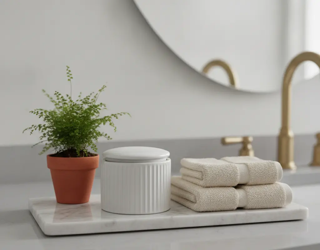Close-up of a styled bathroom counter with ceramic canister, fern, and hand towels.