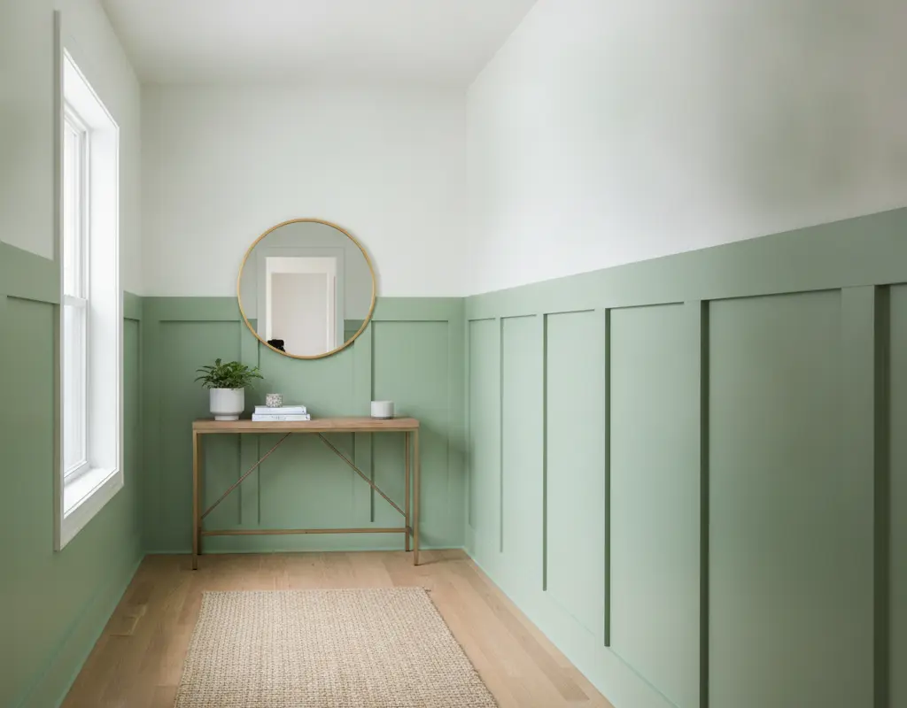 Elegant hallway with light-colored renter friendly board and batten accent wall