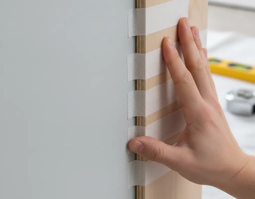 Hand applying MDF slat with removable foam tape for renter friendly board and batten