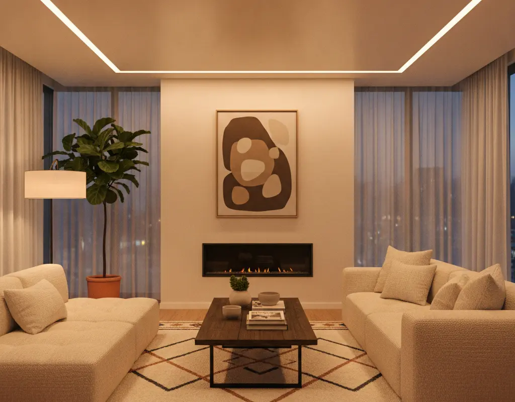Cozy living room with warm white lighting creating a luxurious ambiance.